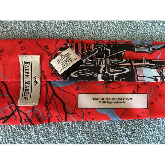 Ralph Marlin Steam Train Map Tie Mens OS Red Excellent 1994 Locomotive Vintage - Picture 3 of 5